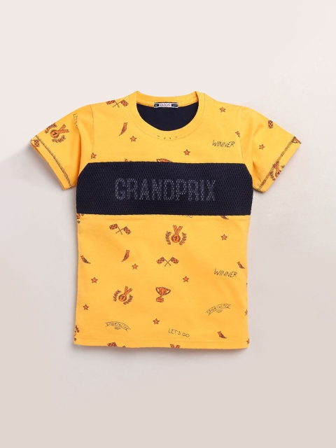 

Hopscotch Boys Yellow Printed Mandarin Collar T-shirt