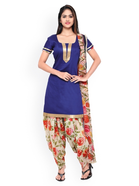 

Saree mall Blue & Beige Cotton Satin Unstitched Dress Material