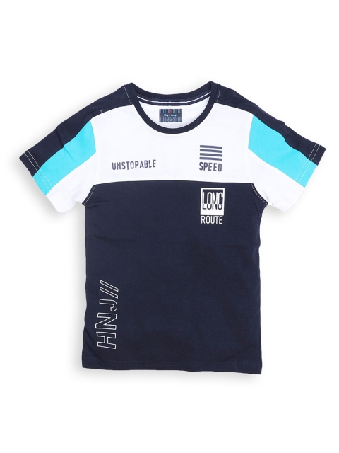 

Hopscotch Boys Blue Typography Colourblocked T-shirt
