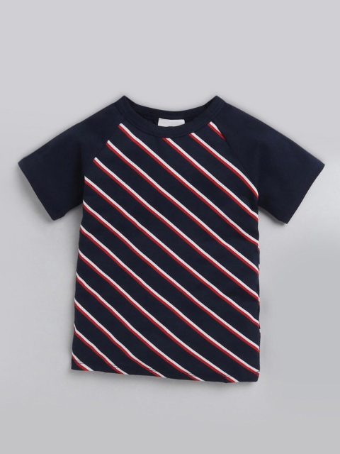 

Hopscotch Boys Blue Striped V-Neck Drop-Shoulder Sleeves T-shirt