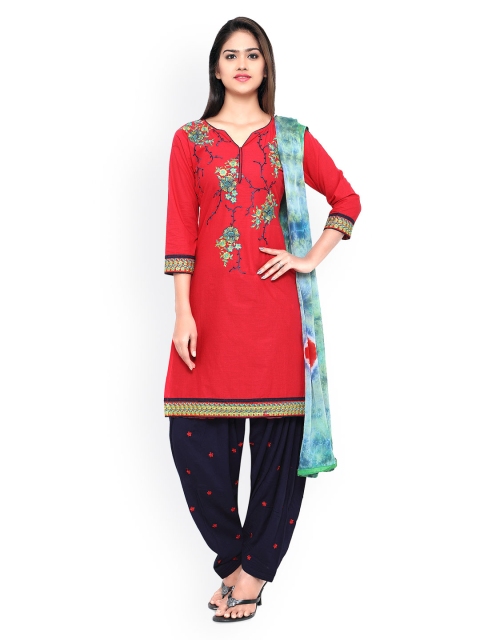 

Saree mall Red & Navy Cotton Embroidered Unstitched Dress Material
