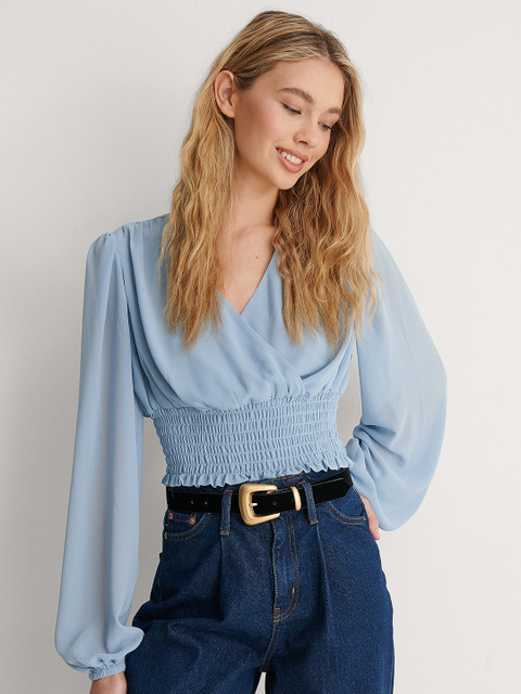 

NA-KD Blue Solid Top with Smocked Detail