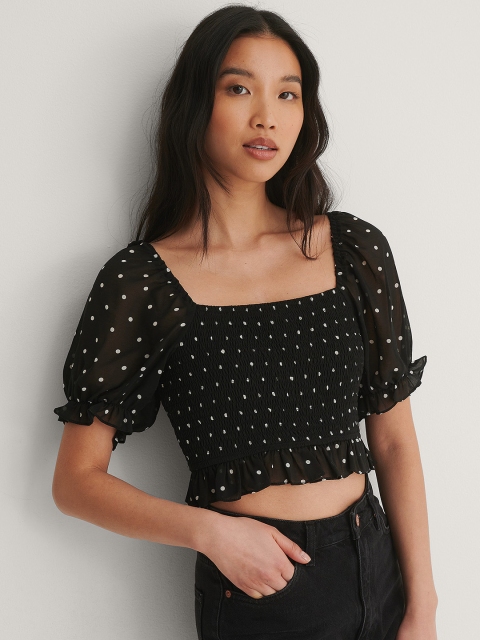

NA-KD Women Black & White Polka Dot Print Crop Top