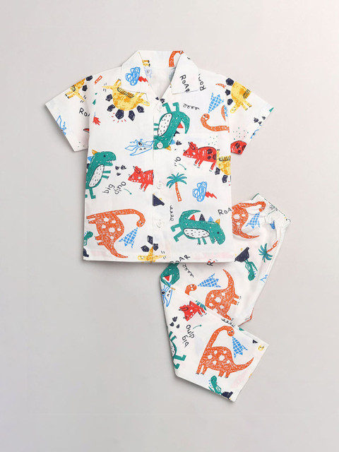 

Hopscotch Boys White & Orange Printed Night suit