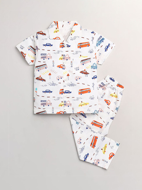 

Hopscotch Boys White & Blue Printed Night suit