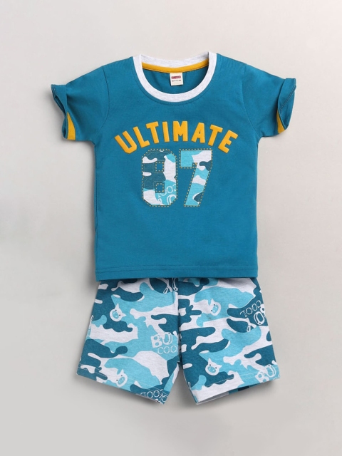 

Hopscotch Boys Blue & White Printed Cotton T-shirt with Shorts