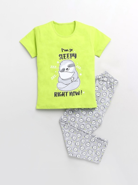 

Hopscotch Girls Green & Grey Printed Night suit
