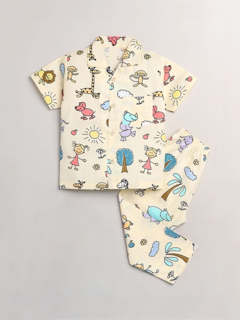 

Hopscotch Boys Off White & Yellow Printed Night suit