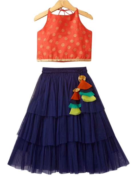 

Hopscotch Girls Red Yoke Design Tiered Kurta with Dhoti Pants