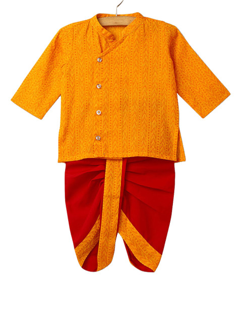 

Hopscotch Boys Yellow Angrakha Pure Cotton Kurta with Pyjamas