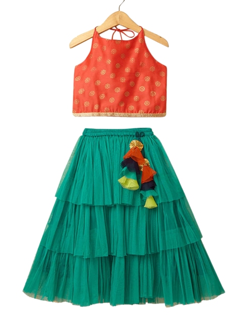 

Hopscotch Girls Red Striped Tiered Kurta with Churidar & With Dupatta