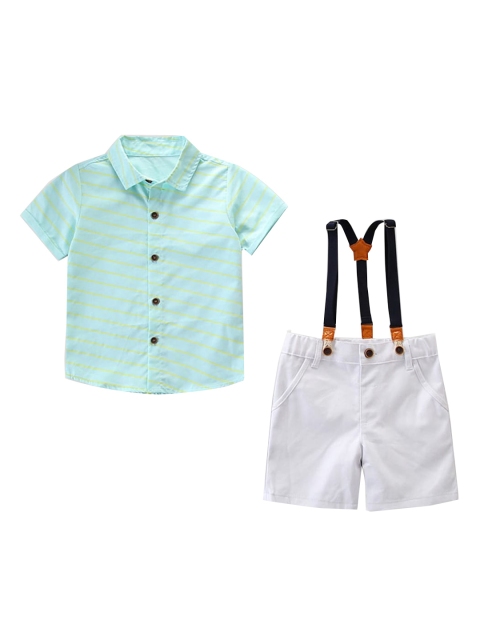 

Hopscotch Boys Sea Green & White Striped Shirt with Shorts And Suspenders