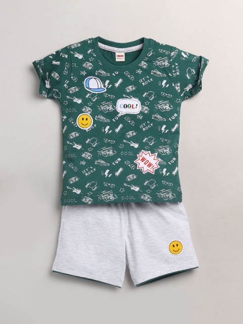 

Hopscotch Boys Green & White Printed Pure Cotton T-shirt with Shorts