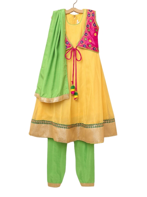 

Hopscotch Girls Yellow Embroidered Pleated Pure Cotton Kurti with Trousers