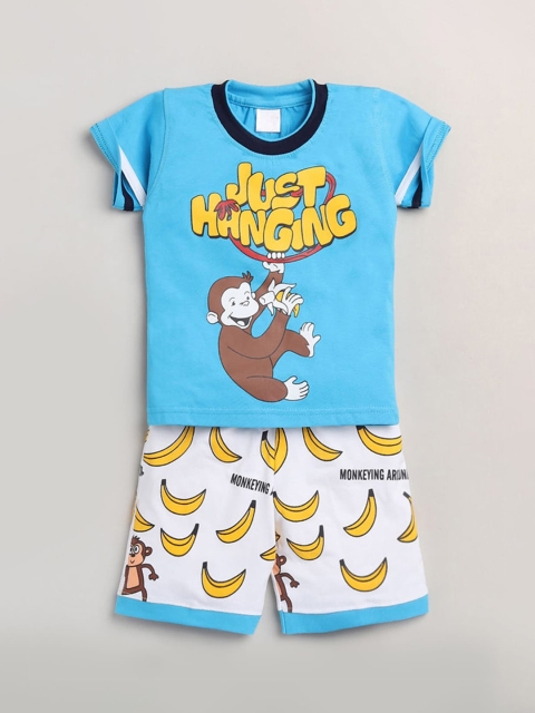 

Hopscotch Boys Blue & White Printed Pure Cotton T-shirt with Shorts