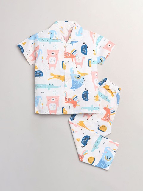 

Hopscotch Boys White & Blue Printed Night suit