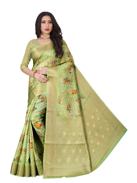 

ROOTS4 CREATION Green & Red Floral Zari Organza Saree