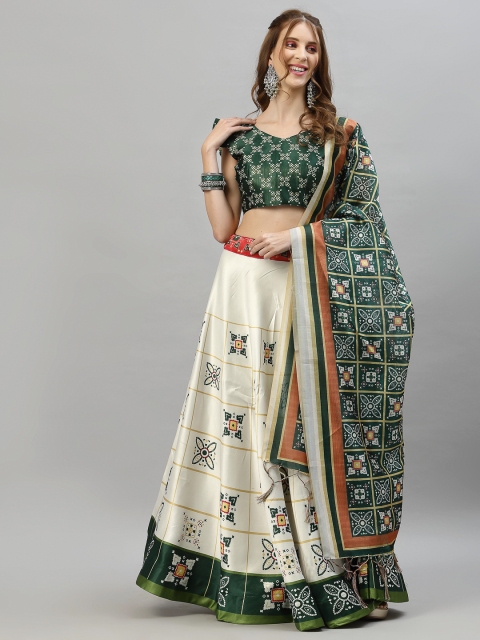 

Satrani Cream-Coloured & Green Printed Semi-Stitched Lehenga & Unstitched Blouse With Dupatta