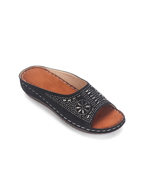 

Myra Black Embellished Suede Comfort Peep Toes with Laser Cuts
