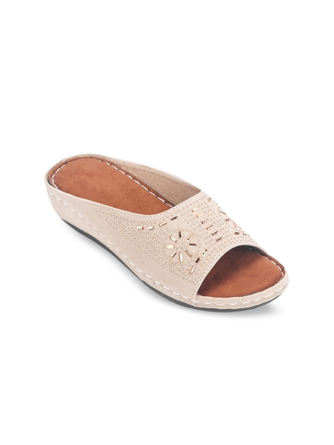 

Myra Beige Embellished Suede Comfort Peep Toes with Laser Cuts