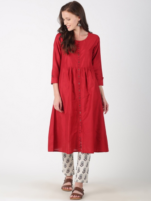 

Saffron Threads Women Maroon Slub Embroidered Placket Kurta