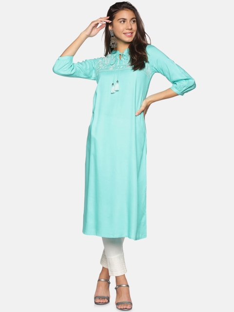 

Saffron Threads Women Turquoise Blue Embroidered Yoke Tie-up Neck Kurta