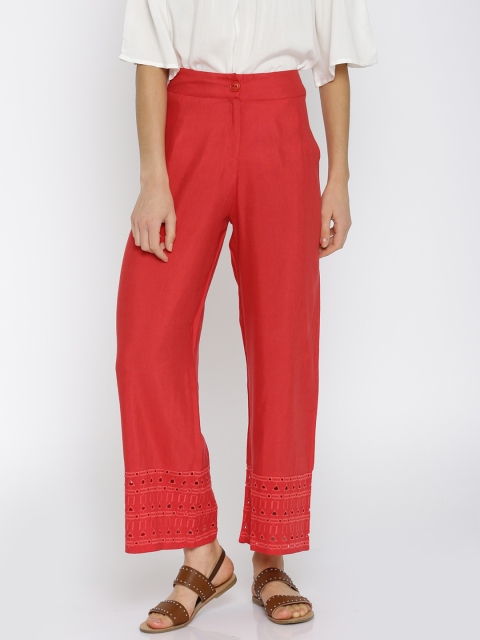 

Global Desi Women Coral Red Solid Parallel Trousers
