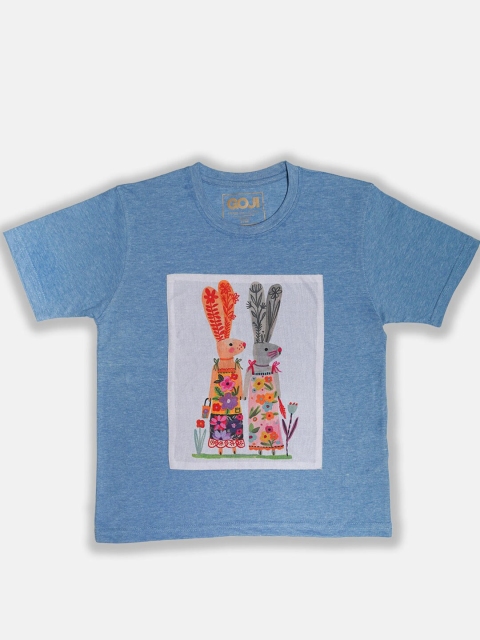 

GOJI Kids Blue Printed V-Neck Applique T-shirt