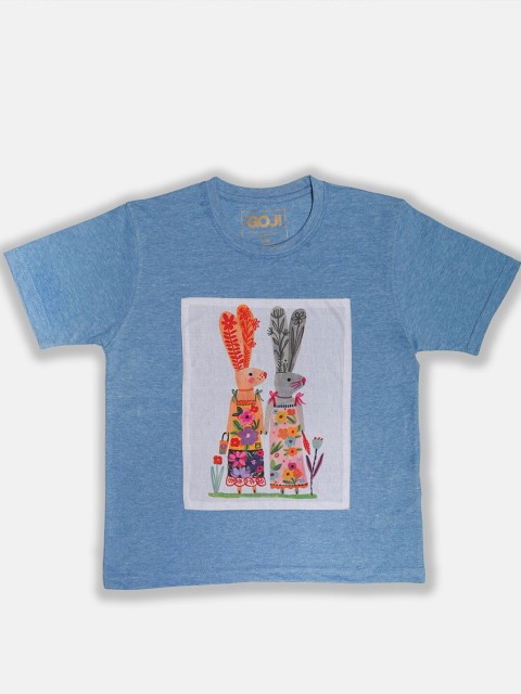 

GOJI Kids Blue Printed V-Neck Applique T-shirt