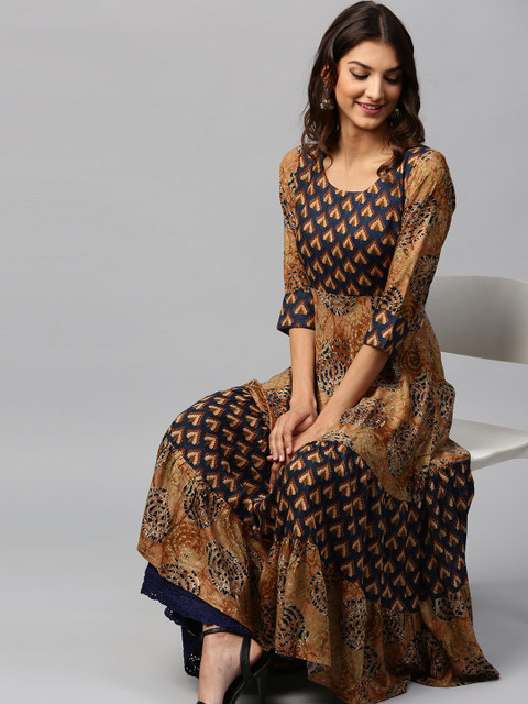 

Libas Women Brown & Navy Blue Printed Tiered Anarkali Kurta