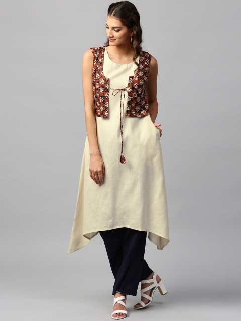 Libas Women Cream-Coloured Solid A-Line Kurta with Printed Waistcoat available at myntra for Rs.339
