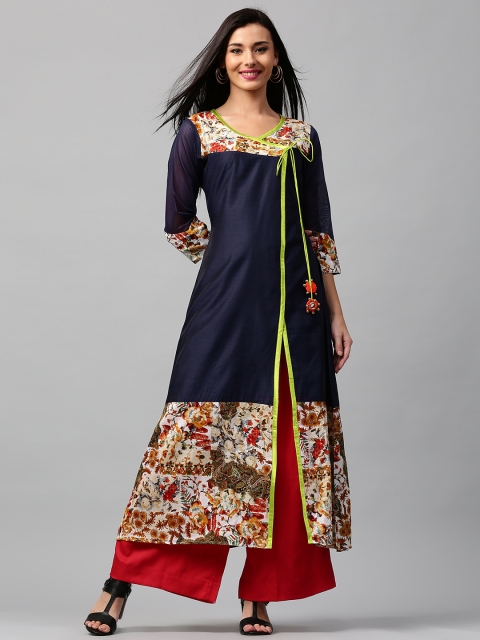 

Libas Women Navy & Beige Printed Angrakha A-Line Kurta, Navy blue