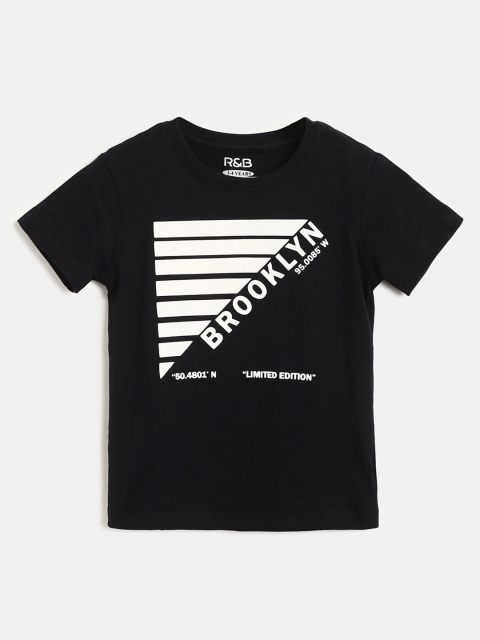 

R&B Boys Black Typography Striped Monochrome Applique T-shirt