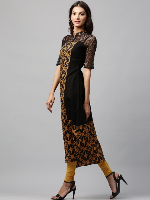 

Libas Women Black & Mustard Yellow Printed A-Line Kurta