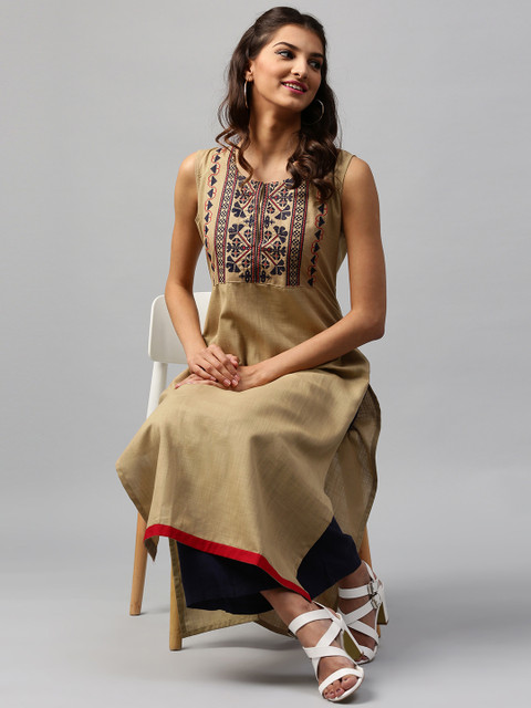 

Libas Women Beige Embroidered Detail Straight Kurta