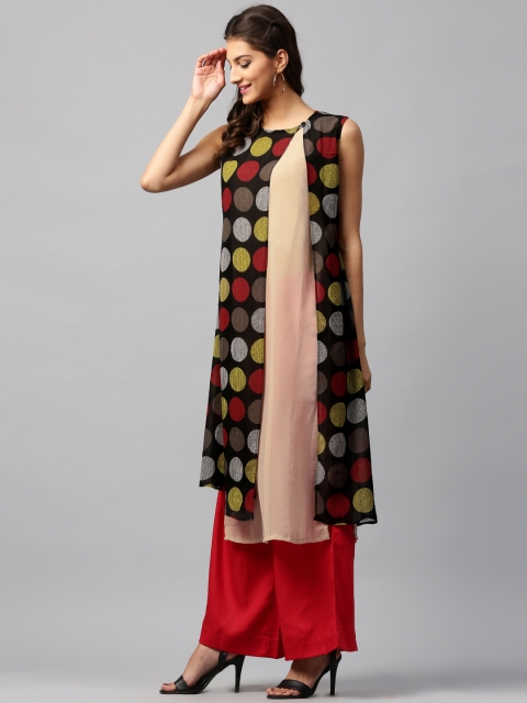 

Libas Women Black & Beige Georgette Printed Layered Straight Kurta
