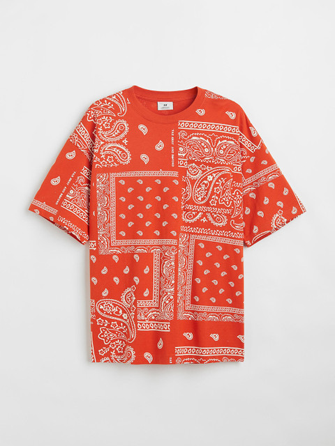 

H&M Men Orange & White Oversized Fit Ethnic Motifs Patterned Cotton T-shirt