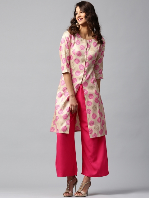 Libas Women Beige & Pink Chanderi Silk Printed A-Line Kurta available at myntra for Rs.559