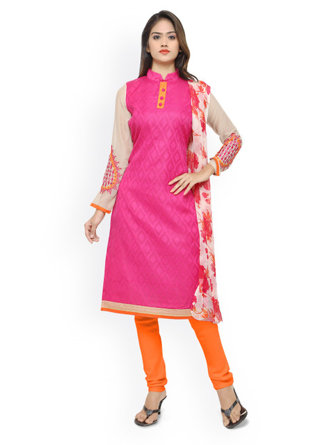 

Saree mall Pink & Orange Jacquard Cotton Unstitched Dress Material