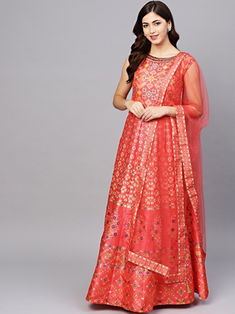 

Chhabra 555 Women Coral Bohemian Printed Made to Measure Cocktail Gown with Dupatta