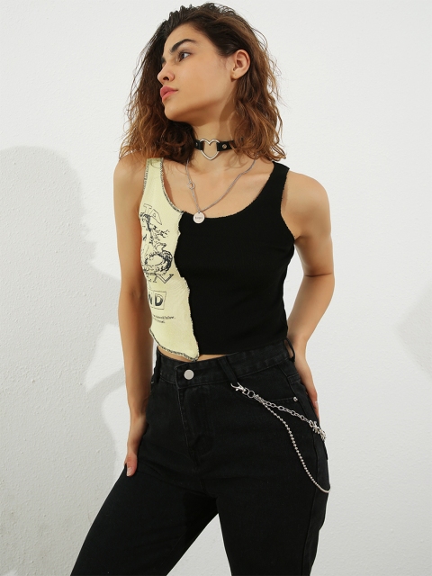 

URBANIC Women Yellow & Black Print Tank Crop Top