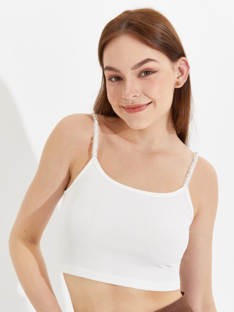 

URBANIC White Ribbed Monochrome Fitted Crop Top