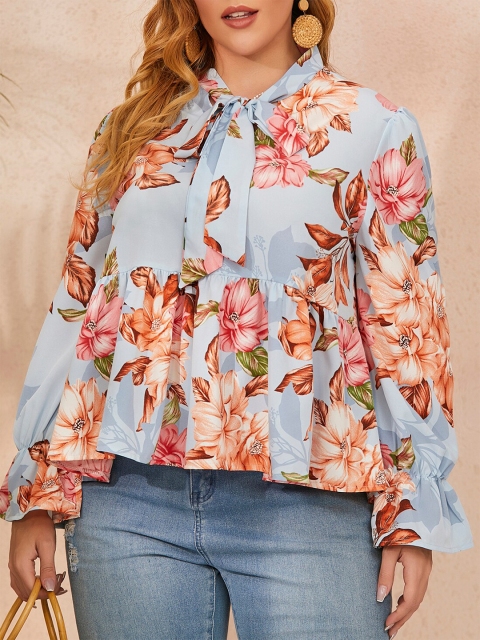 

URBANIC Navy Blue Floral Print Tie-Up Neck Top