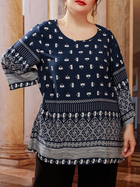 

URBANIC Navy Blue Geometric Print Top