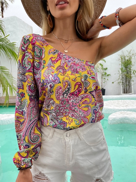 

URBANIC Women Yellow One Shoulder Printed Top
