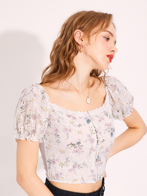 

URBANIC White & petal pink Floral Print Top