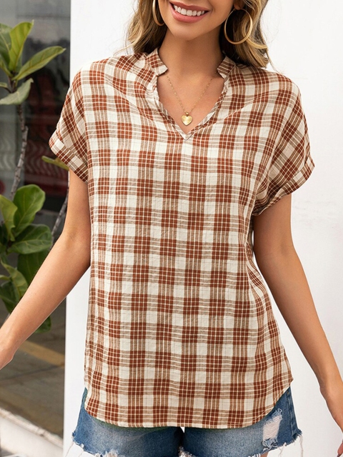 

URBANIC Olive Green Checked Mandarin Collar Extended Sleeves Top