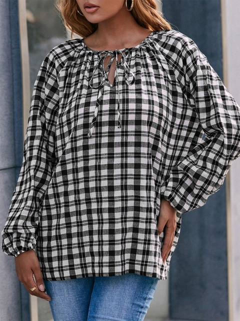 

URBANIC Pink Checked Tie-Up Neck Top