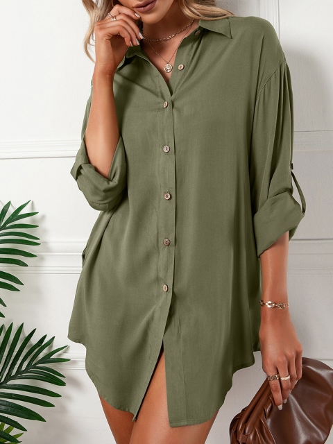 

URBANIC Green Roll-Up Sleeves Shirt Style Top