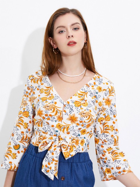 

URBANIC Yellow Floral Print Longline Top